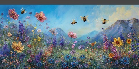The panoramic view the garden flower and bees - obrazy, fototapety, plakaty