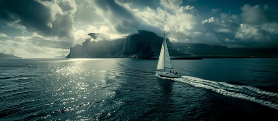 Spectacular view of a solitary sailboat elegantly cruising on the vast and tranquil sea, banner - obrazy, fototapety, plakaty