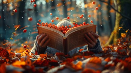 A person reading a book in the leaves of autumn, AI