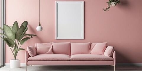 Vertical mock-up poster frame in modern interior background, millennial pink sofa