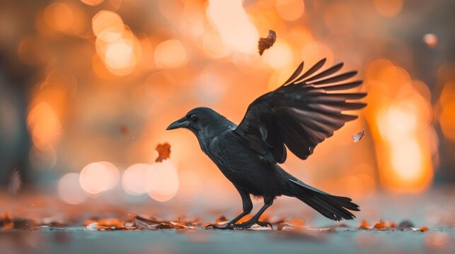 A black bird with wings spread on the ground near a tree, AI