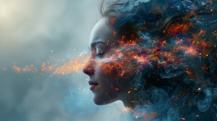 A woman with her face covered in fire and smoke, AI