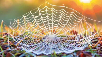 Close-up of glistening cobweb covered leaves with dew drops under the sun rays in the morning, wide banner, copy space