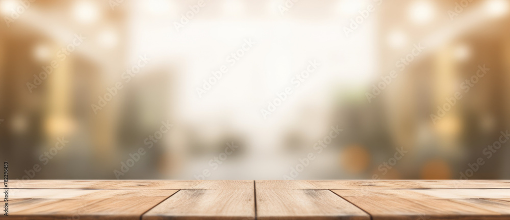 Poster the empty wooden table top with blur background of an office and city. exuberant image. generative a