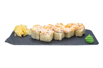 cheese roll with chicken, sushi, home-style, rustic, handmade, on an isolated white background © Kurganskiy