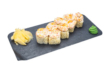 cheese roll with chicken, sushi, home-style, rustic, handmade, on an isolated white background © Kurganskiy