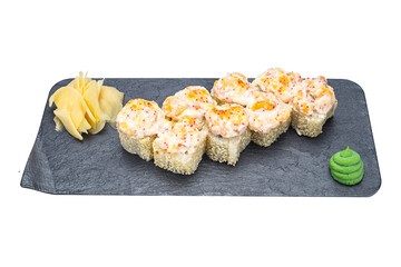 cheese roll with chicken, sushi, home-style, rustic, handmade, on an isolated white background © Kurganskiy