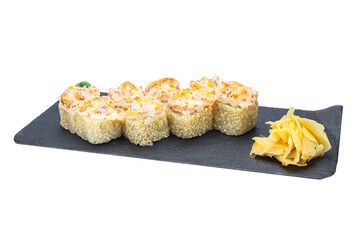 cheese roll with chicken, sushi, home-style, rustic, handmade, on an isolated white background © Kurganskiy