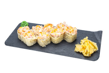 cheese roll with chicken, sushi, home-style, rustic, handmade, on an isolated white background © Kurganskiy