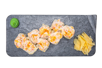 cheese roll with chicken, sushi, home-style, rustic, handmade, on an isolated white background © Kurganskiy