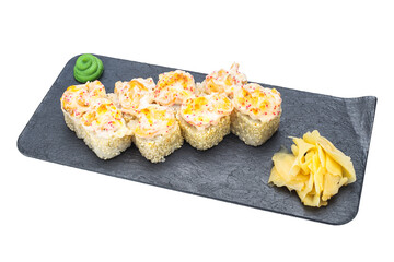 cheese roll with chicken, sushi, home-style, rustic, handmade, on an isolated white background © Kurganskiy