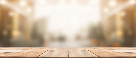 The empty wooden table top with blur background of an office and city. Exuberant image. generative...
