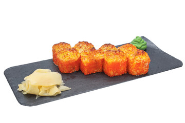 sushi baked California salmon, on a black slate stand, chopsticks and bowls, on a white isolated background   © Kurganskiy