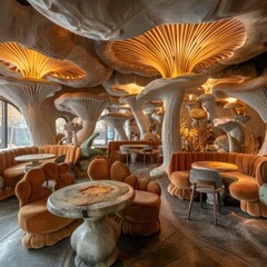 A mushroom-themed cafe with furniture and decor inspired by fungi