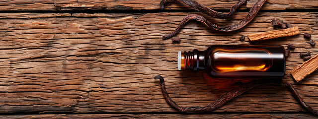 vanilla essential oil in a bottle. selective focus.