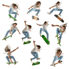 Collage made of dynamic shots of young man skateboarder performing freestyle tricks in motion...