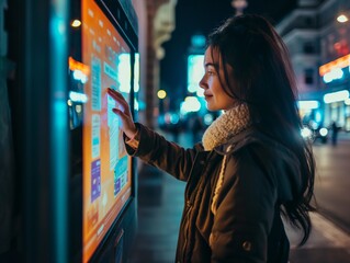 young woman touched the finger-sensitive screen of interactive kiosk to find information while standing on street at night