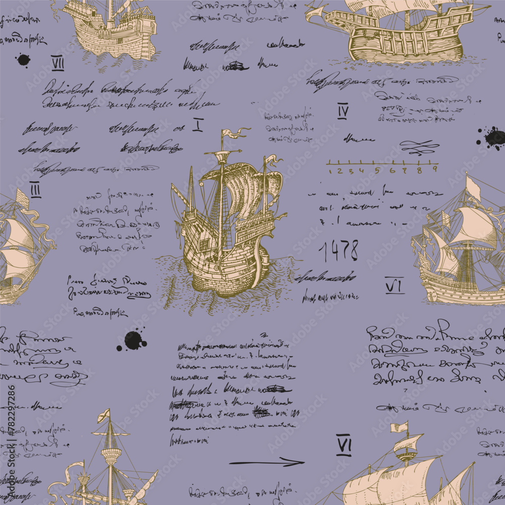 Wall mural seamless texture in the style of a medieval nautical record of the captain's diary engraving sketch