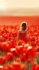 Zbliżenie na odwróconą kobietę na polu tulipanów - obrazy, fototapety, plakaty