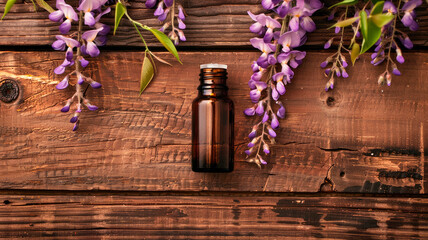 wisteria essential oil in a bottle. selective focus.