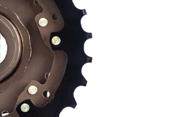 Closeup of a gear on a white background with copy space. - obrazy, fototapety, plakaty