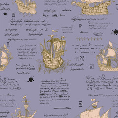 seamless texture in the style of a medieval nautical record of the captain's diary engraving sketch