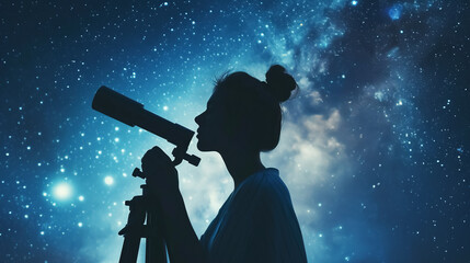 Silhouette of a woman who explores the starry sky through a telescope, against the backdrop of a...