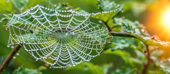 Obraz premium Beautiful cobweb-covered leaves adorned with dew drops glistening in the sunlight, wide banner, copy space