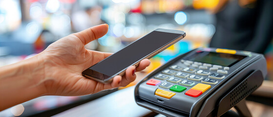 A one person holding smartphor near the payment machine, modern technology for pay.