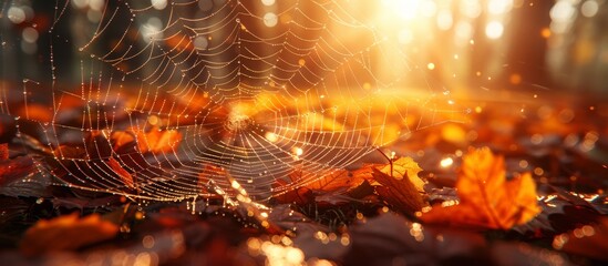 Autumn morning sun rays on leaves with dew drops and glistening cobweb in nature, wide banner, copy space