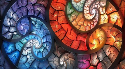 A close up of a colorful stained glass window with swirls, AI