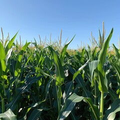 Fototapeta premium A vibrant field of corn under a clear blue sky, showcasing the lush greenery and towering stalks.