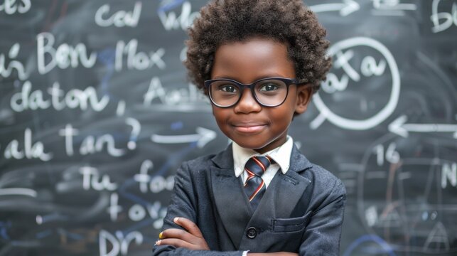 A young black boy in a suit and tie standing next to chalkboard, AI