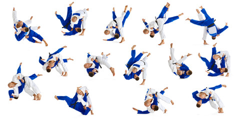 Collage. Set made of studio shots of two men, professional judo athletes training against white...