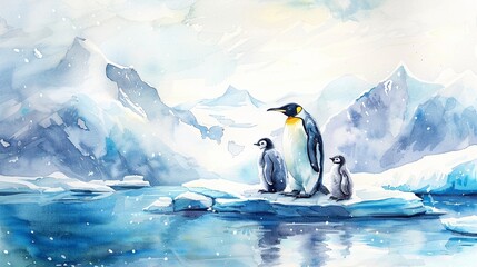 A penguin parent with chicks on a small ice floe, with a backdrop of glaciers in the Arctic region,watercolor illustation - obrazy, fototapety, plakaty