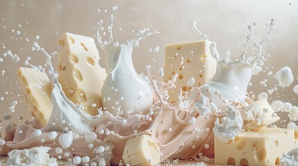 An abstract 3D composition of various dairy products made from milk