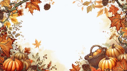Holiday Borders: A vector border for Thanksgiving, featuring autumn leaves, pumpkins, and a cornucopia
