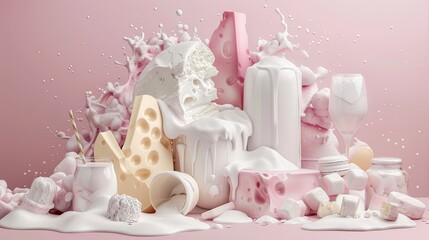 An abstract 3D composition of various dairy products made from milk