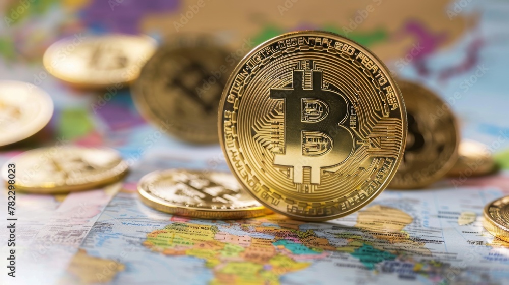 Poster bitcoin resting on the map