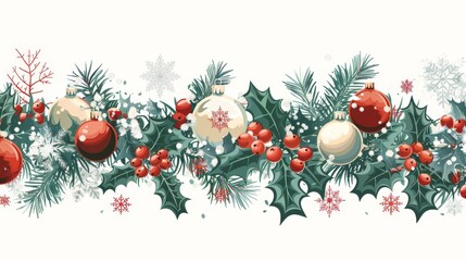 Holiday Borders: A vector illustration of a Christmas-themed border, featuring snowflakes, ornaments, and holly leaves