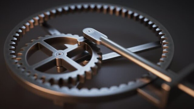 Looping animation of a gear moving along the inner teeth of second gear. The structure is driven by a mechanical shaft. Circle animation. Close-up. Defocus
