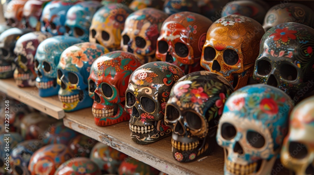 Aufkleber a row of skulls are lined up on a shelf in rows, ai