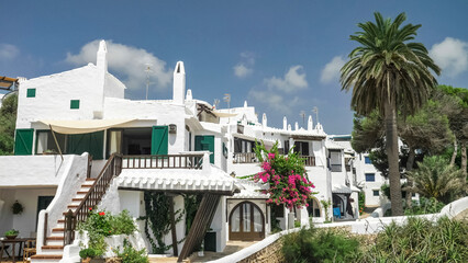 Mediterranean whitewashed houses with wooden windows, surrounded by Bougainvillea flowers and palm...