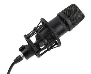 A microphone with a black cord attached to it, Isolated from white or transparent background