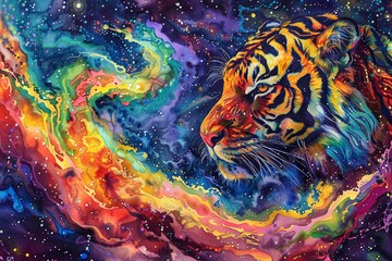 An Artistic illustration of a tigers head, depicted in vibrant, dynamic colors against a swirling cosmic background,watercolor illustation
