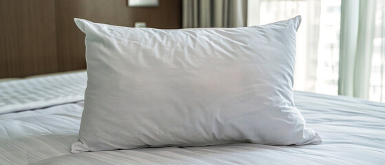 White pillow on neatly made bed with minimal decor, in contemporary style room.