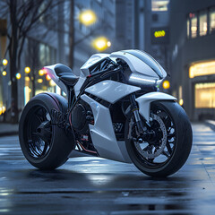 Sleek futuristic motorcycle glistens on an urban backdrop: The epitome of modern design meets...