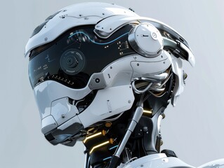 A close-up of a humanoid robots head and shoulders