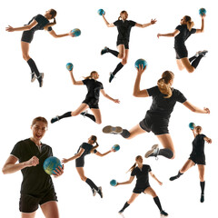 Dynamic collage. Professional handball player in action against white background, exhibiting...