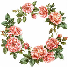 Elegante ghirlanda in stile acquerello con rose vintage dettagliate in piena fioritura, perfetta per inviti e biglietti d'auguri - obrazy, fototapety, plakaty